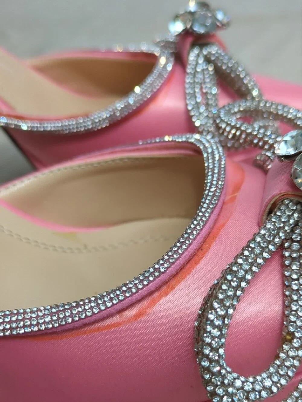 Pink Satin Pointed Toe Heels with Crystal Bow